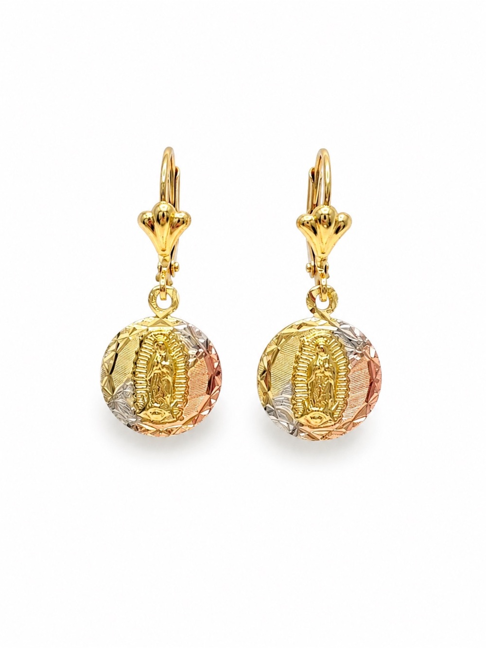 14k Gold Filled Tri-Tone Gold Virgin Mary Drop Earrings